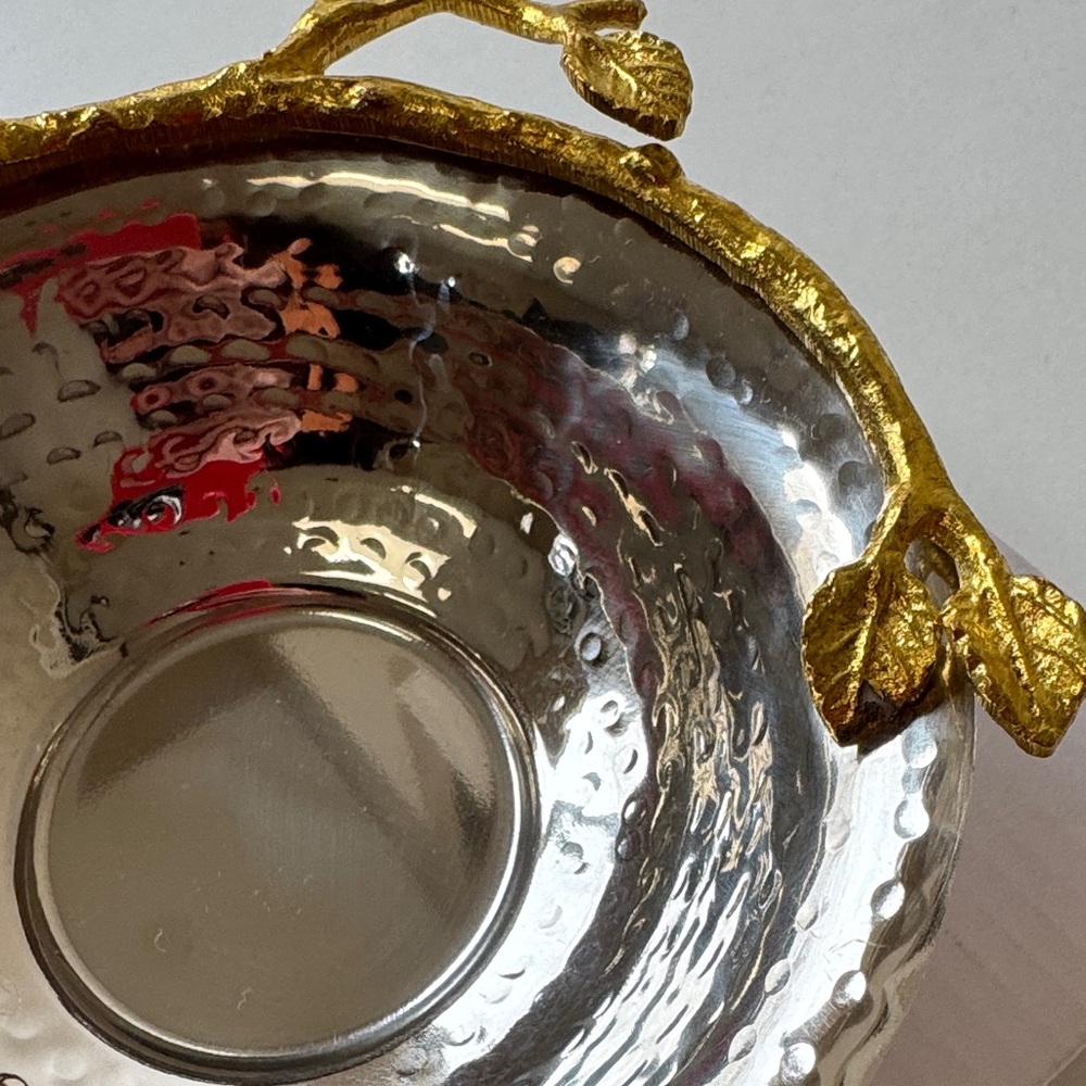 Hammered Silver Color Decorative Bowl with Gold Leaf Handle - Picture 3 of 7